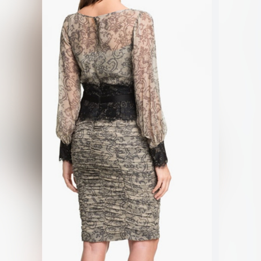 Tadashi Shoji Silk Lace Ruched Cocktail Long Sleeve Black & Nude Dress. Size: 10